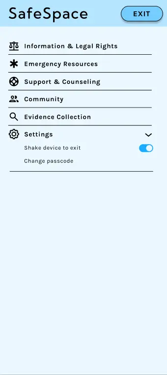 Mockup of the SafeSpace screen